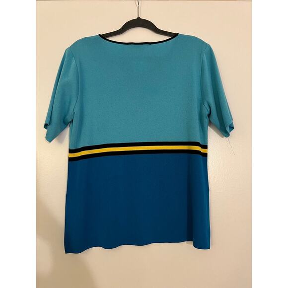 Exclusively Misook Blue Yellow Stripe Short Sleeve Top Sz L - Picture 5 of 5